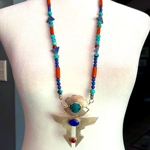 Vintage sterling modernist Hope Konecny designer necklace turquoise/coral/lapis
